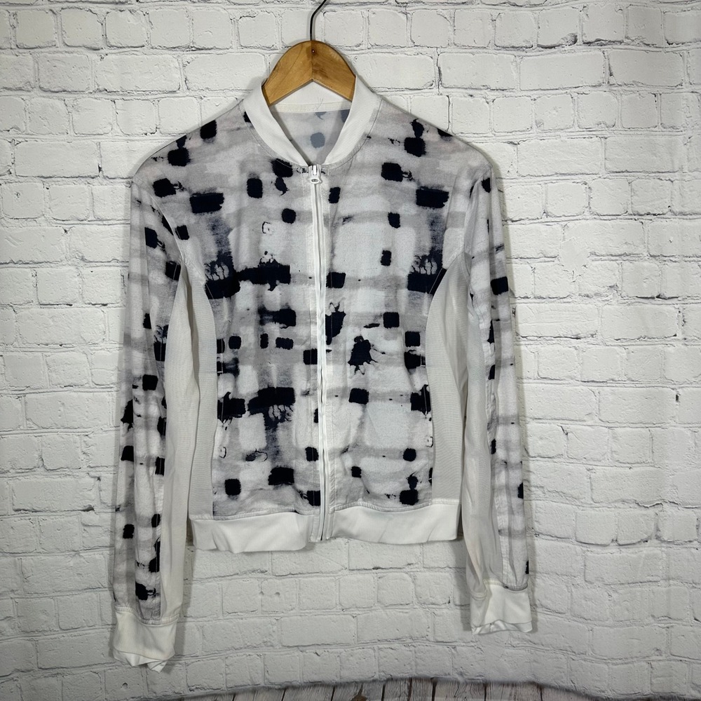 Lululemon Noir Jacket White Black Abstract Print Mesh Panel Zip Bomber Thumbhole
